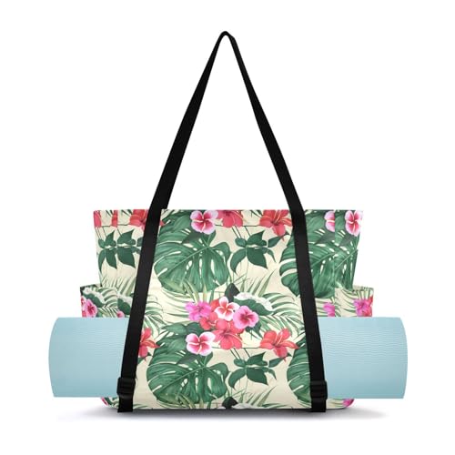 Lxqimora Leaves Flowers Beige Vivid Yoga Mat Bag for Women Water-Resistant Gym Bag with Yoga Mat Holder Tote Bag for Gym Pilates Travel Yoga