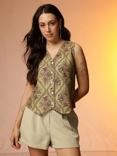 Image of Amazon Brand - INKAST Women Floral Printed Button Down V-Neck Tunic Top|Sleeveless|Ethnic Crop Top