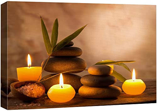 wall26 Canvas Print Wall Art Candles with Massage Stones in Romantic Brown Atmosphere Floral Nature Photography Realism Bohemian Scenic Relax/Calm Cool for Living Room, Bedroom, Bathroom - 16