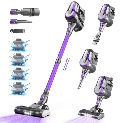 FixtFixer Aspiradora inalámbrica con batería de 350 W/30 KPa, 4 x HEPA, con motor sin escobillas, hasta 55 min, aspiradora inalámbrica de 1,1 L para suelos duros, pelo de animales, escaleras (morado)