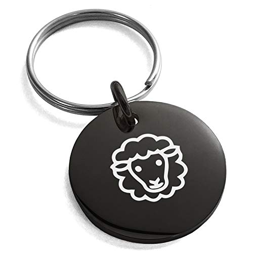 Black Stainless Steel Sheep Icon Small Medallion Circle Charm Keychain Keyring