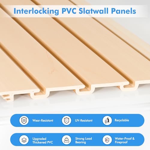 PVC-Slat-Wall-Paneling-4x8-Ft-Adjustable-Slatwall-Panels-System-Wood-Slatted-Wall-Panel-with-Customizable-Storage-DIY-Cutting-Easy-to-Install-Slatwall-Board-Shelves-with-Coupling-Structure