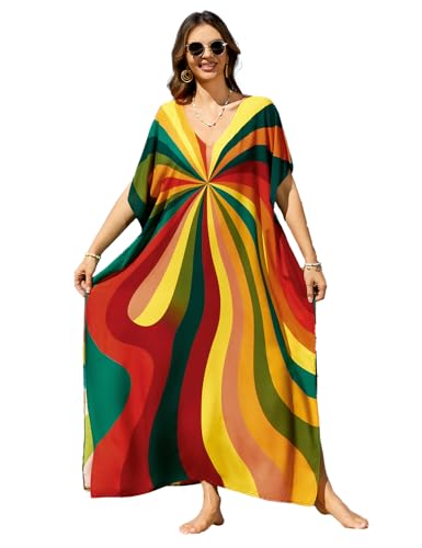 Image of sunforyou Kaftan Dresses for Women Plus Size Lightweight Swimsuit Cover up Batwing Sleeve Print Loungewear Beach Robe
