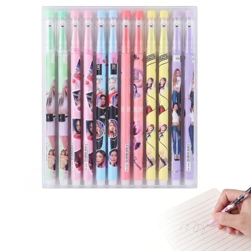 BCHMN 12 Pcs Bolígrafos Borrables, Bolis de Tinta Gel Negra para Fans de Kpop, Papelería Kawaii y Material Escolar, Regalos Ideales para Niñas y Fans, Escritura Suave y Fácil de Borrar