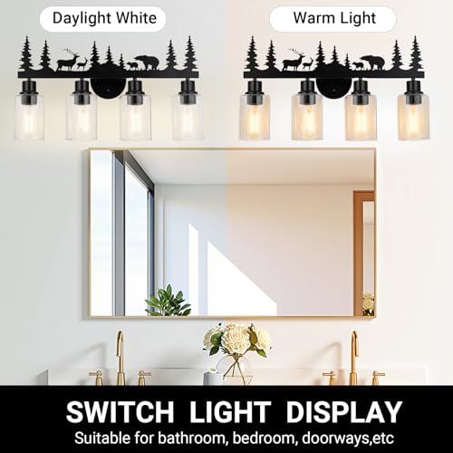 Image of Rustic Bathroom Light Fixtures, 4-Light Farmhouse Vanity Lamp with Deer and Bear Design, Black Wall Lighting with Clear Glass Shade for Bathroom, Hallway, Kitchen, Porch