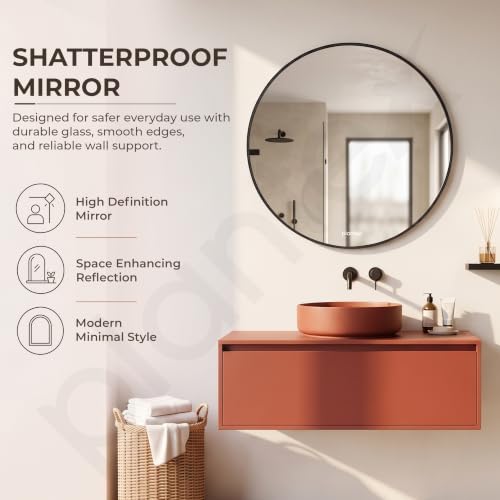 Image of Plantex Aluminium Frame Mirror for Wall /Mirror for Bathroom /Round Mirror for Bathroom /Wall Mount Mirror for Bedroom /Dressing Room /Living Room /Entryway - Shatterproof Mirror (24inch-Brushed Black)