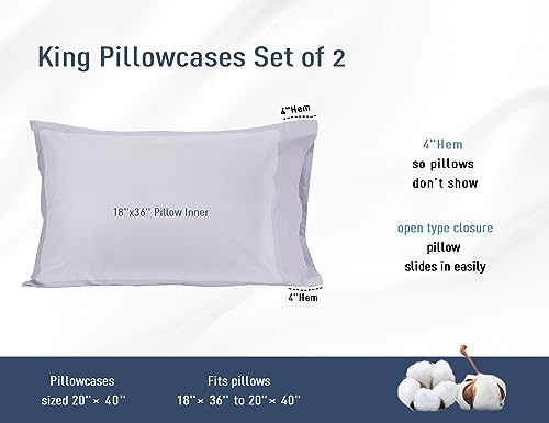 Pillow Cases, King Size Cotton Percale Weave Pillowcases, Pre-Shrunk Breathable and Hypoallergenic Pillowcases, Set of 2 (2 Piece King 20 Inch x 40 Inch, Light Purple)