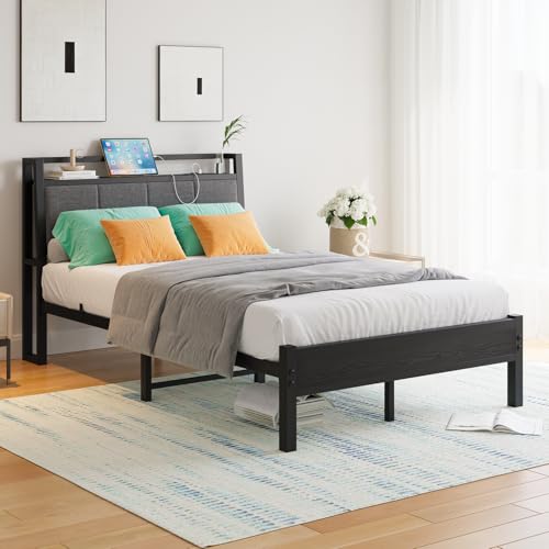 FOUBAM Metallbett Bettgestell 120x200 mit Ladestation,Bett 120x200cm,Ergonomie Robustes Metallbett mit Holz Stauraum-Kopfteil aus Stoff,Gästebett...