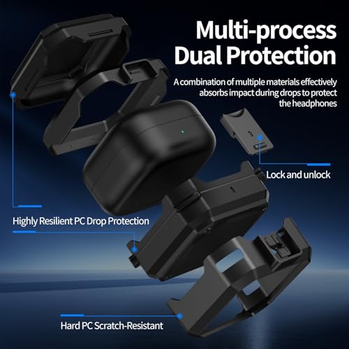 Image of Hybrid Lock Armor Case Cover for Samsung Galaxy Buds 4 and 4 Pro, Rugged, Shockproof with Heavy Duty Carabiner (Black, Armor with Lock)