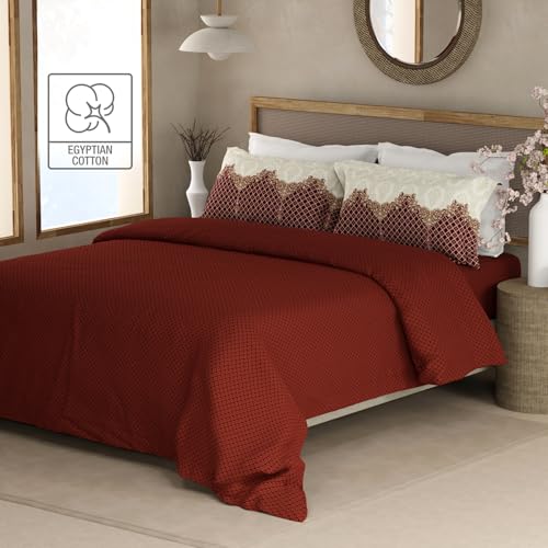 Image of BOUTIQUE LIVING Heritage Walk 100% Egyptian Cotton 200 TC Red Ethnic Print King Bedsheet with 2 Pillow Covers