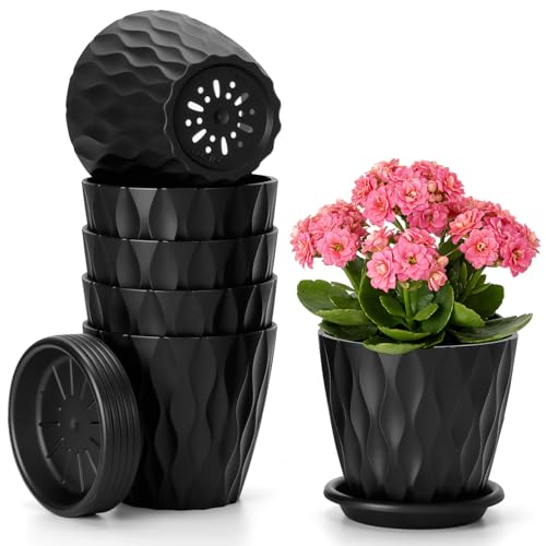Romon Blumentopf Set, 6 Packs Pflanzentopf mit Gerillte Struktur, Topföffnung 10cm Hydrokultur Topf mit Untersetzer für Innen & Außen, Plastik übertopf Mehrere Ablauflöchern, Rund Pflanzkübel Schwarz