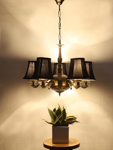 Image of Devansh 05 Lights Black Round Cotton Shade with Antique Golden Chandelier -J