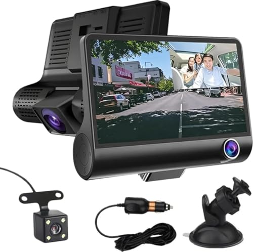 Image of 3 Channel Car Dash Camera Front Rear Inside, Full HD 1080P Car DVR with 4.2 Inch Display, Loop Recording, Reverse Camera Display, Wide Angle Vehicle Video Recorder Dash Cam