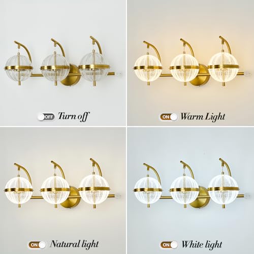 Image of UOFUS Gold Bathroom Lighting Fixtures Over Mirror Modern LED Vanity Light with Globe Acrylic LampShade 3 Lights Wall Sconces Indoor