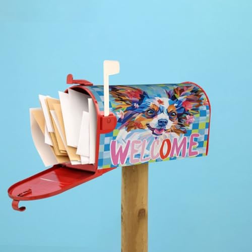 Image of Dujiea Blue Dog Welcome Mailbox Wrap, Waterproof Magnetic Post Box Cover, Standard Size 25.5 inchX 21 inch Garden Yard Outside Farmhouse Home Decor