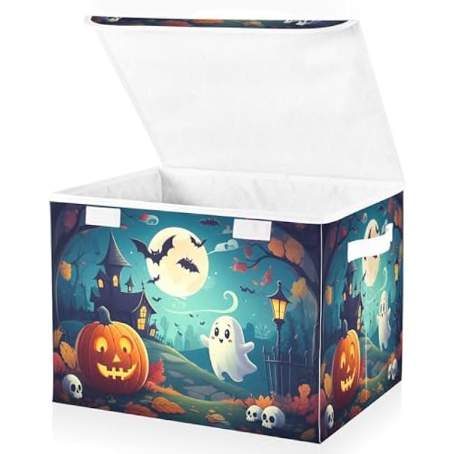 STAYTOP Halloween Decorations Storage Bins with Lids and Carrying Handle,Halloween Pumpkin Foldable Storage Boxes Organizer Containers Baskets for Home Bedroom Closet Office Nursery