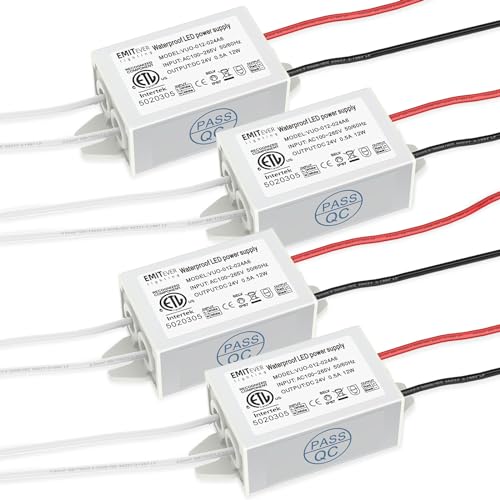 EMITEVER 24Volt LED Power Supply Driver 12W 4-Pack, ETL Listed Waterproof IP67 Low Voltage Transformer, 120V AC to 24V DC Converter for LED Strip, Spotlight Cabinet Tape Lights and Outdoor Lighting