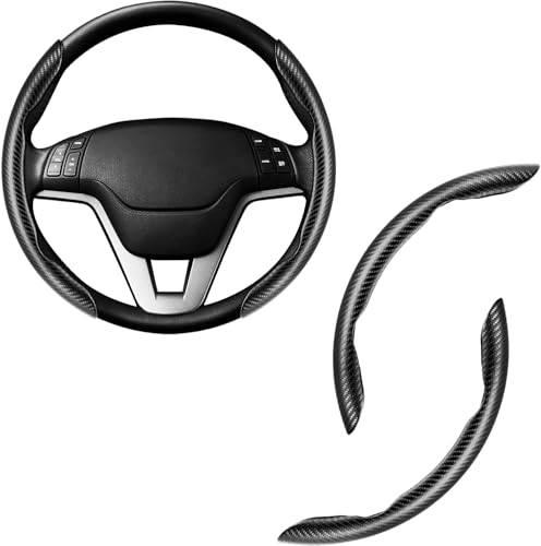 Image of Amiss 2pcs Carbon Fiber Anti-Skid Steering Wheel Cover, Waterproof & Segmented Butterfly Design, Universal 99% Vehicle Wheel Cover Protector, Car Interior Accessories (Black-2pcs)