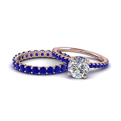 Image of Choose Your Gemstone Hidden Halo Diamond CZ Ring with Gemstone Band Rose Gold Plated Round Shape Wedding Ring Sets Minimal Modern Design Birthday Gift Wedding Gift US Size 4 to 12