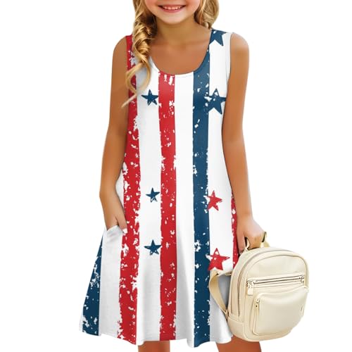 Girls Sleeveless Patriotic Summer Dress 4th of July Casual American Flag A-Line Dress with Pockets 3-14 Years