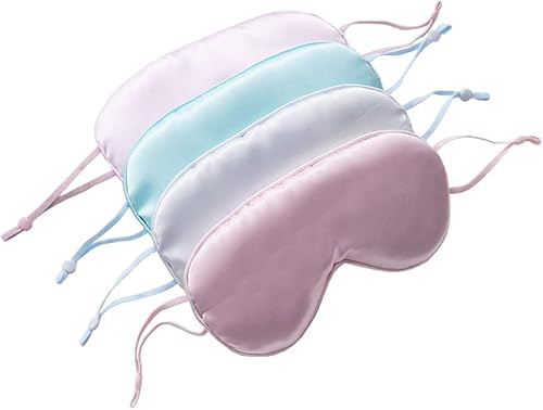 Máscara de ojos de seda satinada de 4 colores surtidos para dormir con cintas elásticas ajustables para las orejas, venda para viajes, meditación,