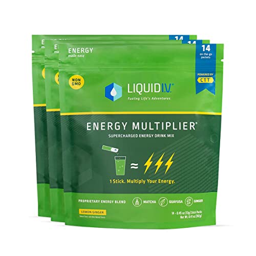 Liquid I.V. Energy Multiplier | Energy Powder Drink Sticks | Matcha and Green Energy Blend Drink Mix | Natural Caffeine | Easy Open Single-Serving Stick | Non-GMO | Lemon Ginger | 42 Sticks