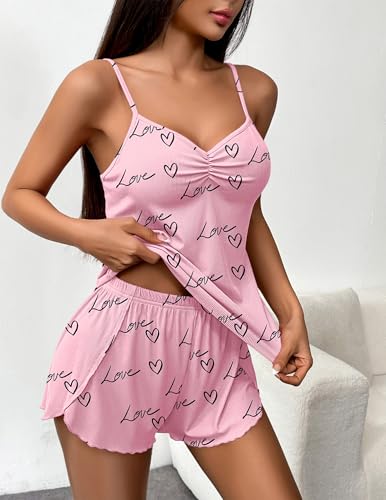 Image of Ekouaer Womens Cami Pajama Sets 2 Piece Ribbed Knit Lingerie Sleeveless Tank Top and Shorts Camisole Pjs Sleepwear