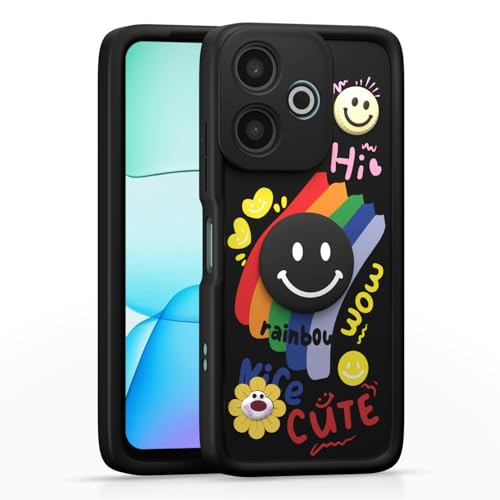 Image of Pikkme Back Cover for Redmi 13 5G / Poco M6 Plus 5G | Soft Silicone| Cute Rainbow Smile & 3D Cartoon Flower Design | Shockproof Raised Camera Protection Bumper Case (Black)