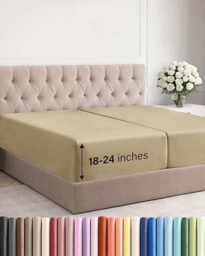 Image of Extra Deep Split King Fitted Sheet - Single Fitted Sheet Only - Beige | Easily Fits 18 inch to 24 inch Mattress, Soft, Wrinkle Free, Breathable & Comfy, Extra Deep Pockets Hotel Luxury Fitted Sheet