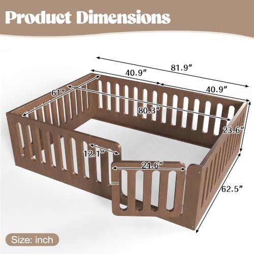 Image of Bellemave Queen Montessori Floor Bed Frame,Brown | Solid wood kids montessori floor bed with high safety fence & door, low to ground design for girls and boys
