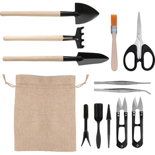 Xvbhaq 13 Pcs Garden Tool Flax Bag Set, Miniature, Transplanting Tools for Succulents, Potted Plant, Bonsai, Shovel for Small Garden Care