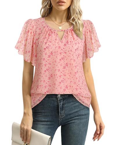 Gaharu Bluse Damen Elegant:Tunika Damen Sommer Top Blumen Bluse festlich Kurzarm - Schicke Oberteile Party Rüschenärmel Chiffonbluse Blumen Rosa XL