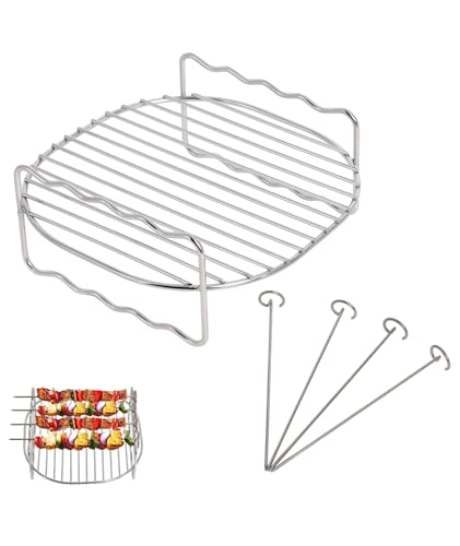 5Pcs Grill Stand, Grill Rack for Air Fryer 7 inches,Round Grill Rack with 4Pcs Skewers, Durable Air Fryer Accessories for Even Cooking