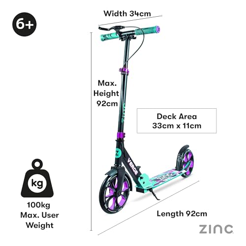 Image of Zinc Verge Pro Kids Scooter - Big Wheel Kick Scooter for Ages 6+, Foldable 2-Wheel Scooter with 200mm Wheels, Lightweight, Height Adjustable, Rear Footbrake, Supports up to 100kg, Black & Green