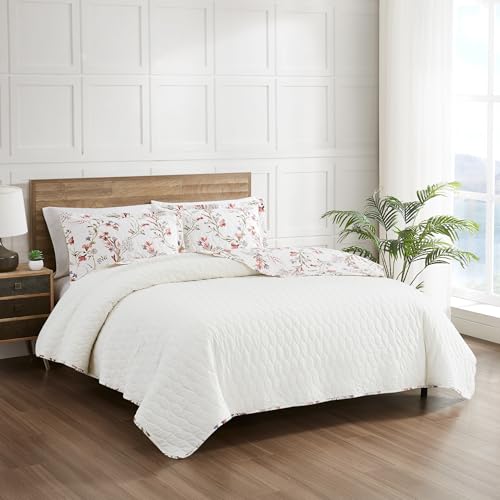 Image of Modern Threads Ariana 2-Piece Floral Stripe Quilt Set, Soft Cotton Lightweight Bedspread with Reversible Design and 1 Pillow Sham, Soft Pink Floral, Twin
