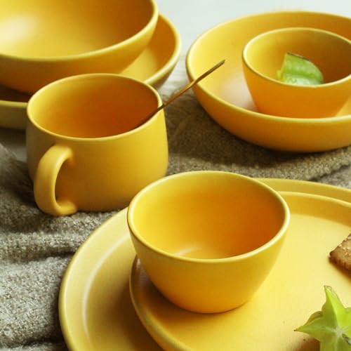Image of Ceramic Dinner Plates, 4 Pcs | Rim Plate for Easy Eating | Microwave, Oven, Dishwasher Safe | Set of 4 Ceramic Plates for Dinner | Handmade | (Aamras Yellow, Set of 4 Dinner Plates)