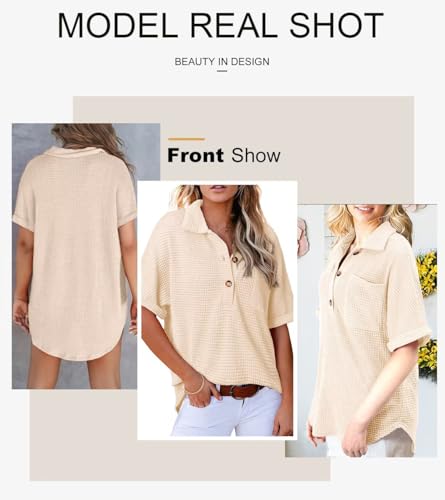 Astylish Women Waffle Knit Tops Henley Shirts Short Sleeve V Neck Solid Color Casual Tunic4