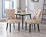 EALSON Modern Dining Chairs Set of 2 Mid Century Leather Dining Room Chairs with Wood Legs Tufted Upholstered Kitchen Side Chairs with Nail Head Trim for Dining Room/Living Room, Beige with Ring