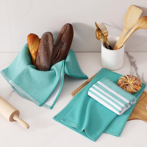 Image of Homaxy Premium Kitchen Towels(18 inchx 28 inch, 12 Pack), Large Cotton 380 GSM Kitchen Hand Towels, Soft and Absorbent Terry Dish Towels, Multipurpose Tea Towel Set with Hanging Loop, Teal