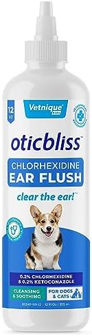 Vetnique Oticbliss Medicated Dog Ear Cleaner, Antiseptic Flush for Cat & Dog Ear Infections with Chlorhexidine to Reduce Irritation – Clear The Ear 12oz Flush