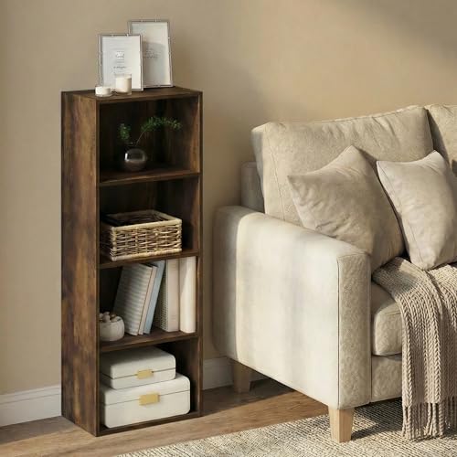 Image of Furinno LUDER Book Shelf, 4-Tier Bookshelf, Bookcase with Open Shelf, 9.3 x 15.6 x 41.7, for Corner, Living Room, Bedroom, Home Office, Amber Pine