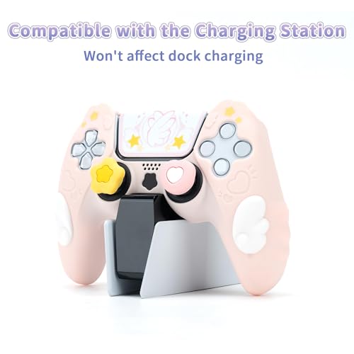 Image of GeekShare PS5 Controller Skin Set,Silicone Protective Cover Skin Case for PS5 Wireless Controller with 2 Thumb Grip Caps and 2 Stickers - Star Wings Series (Pink)