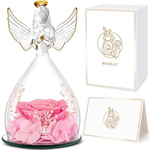 RIANEAN Preserved Rose Birthday Gifts for Women Mom Her Grandma Friend, Pink Real Roses Flowers in Angel Figurines Glass…