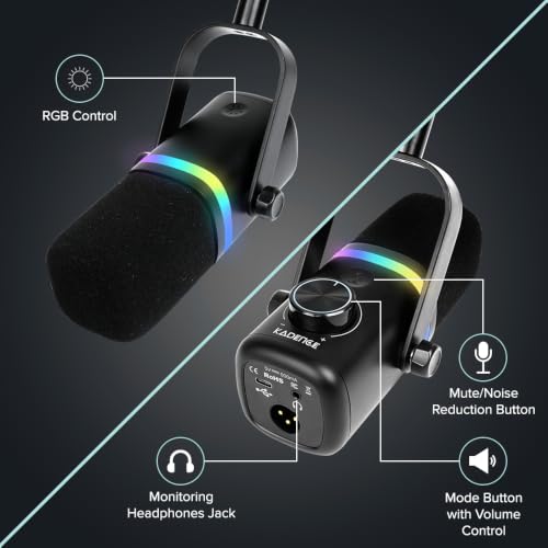 Image of Kadence K777 USB /XLR Dynamic Microphone | Podcast, Gaming & Streaming Mic with RGB Lighting, Noise Reduction, Mute Button, Gain Control & Monitoring | Includes Boom Arm & Desk Stand | Black