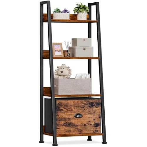 Furologee 4 Tier Ladder Shelf, Small Bookshelf with Drawer, Rustic Brown