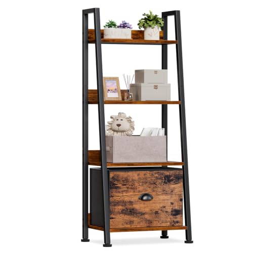 Furologee 4 Tier Ladder Shelf, Small Bookshelf with Drawer, Rustic Brown