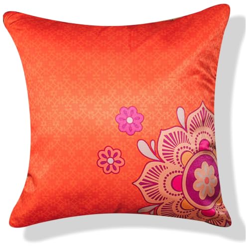 Image of Decorative Satin Sofa Cushion Covers Set of 5, 16 x 16 Inches, Multicolor Floral Printed Pillow Covers for Living Room, Bedroom, Couch & Sofa, Soft Glossy Fabric, Zipper Closure