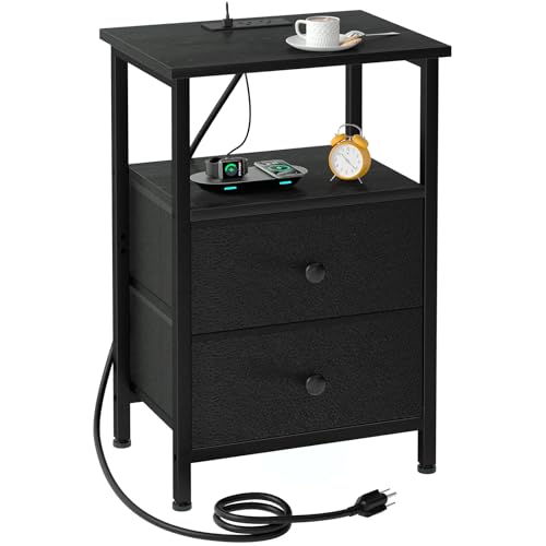Night Stand, Nightstand with Charging Station, End Table with Storage 2 Fabric Drawers for Bedroom, Small Bed Side Table with USB Ports and Outlets for Living Room, Black, HETS020BK-1