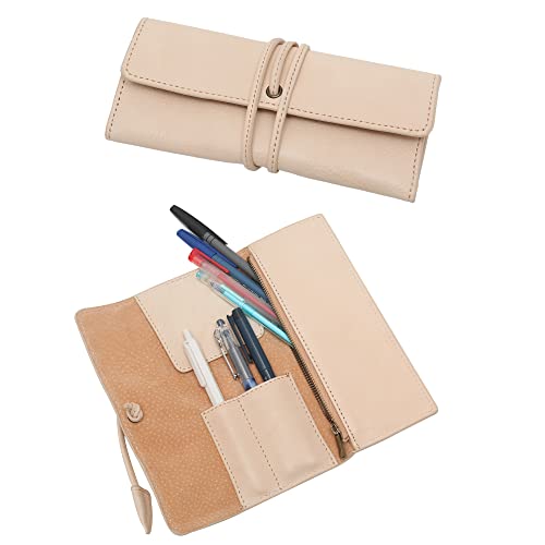 Image of ZLYC Handmade Leather Pencil Case Soft Roll Bag Stationery Gift, Beige | multi slot pen storage design,school class daily use,office desk organizer,graduation holiday gift,foldable portable size