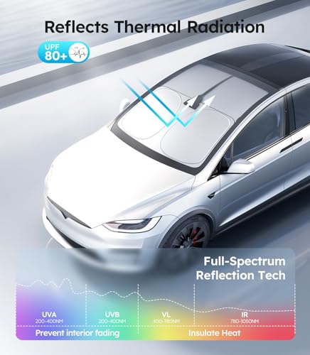 Image of 2026 Upgraded Accessories Tesla Model X Windshield Sunshade [Ice Shield Tech Fabric, 100% Sun Blockage], Foldable Heat Insulation Sunshade with Storage Bag, for Tesla Model X 2016~2026, Silver Coating